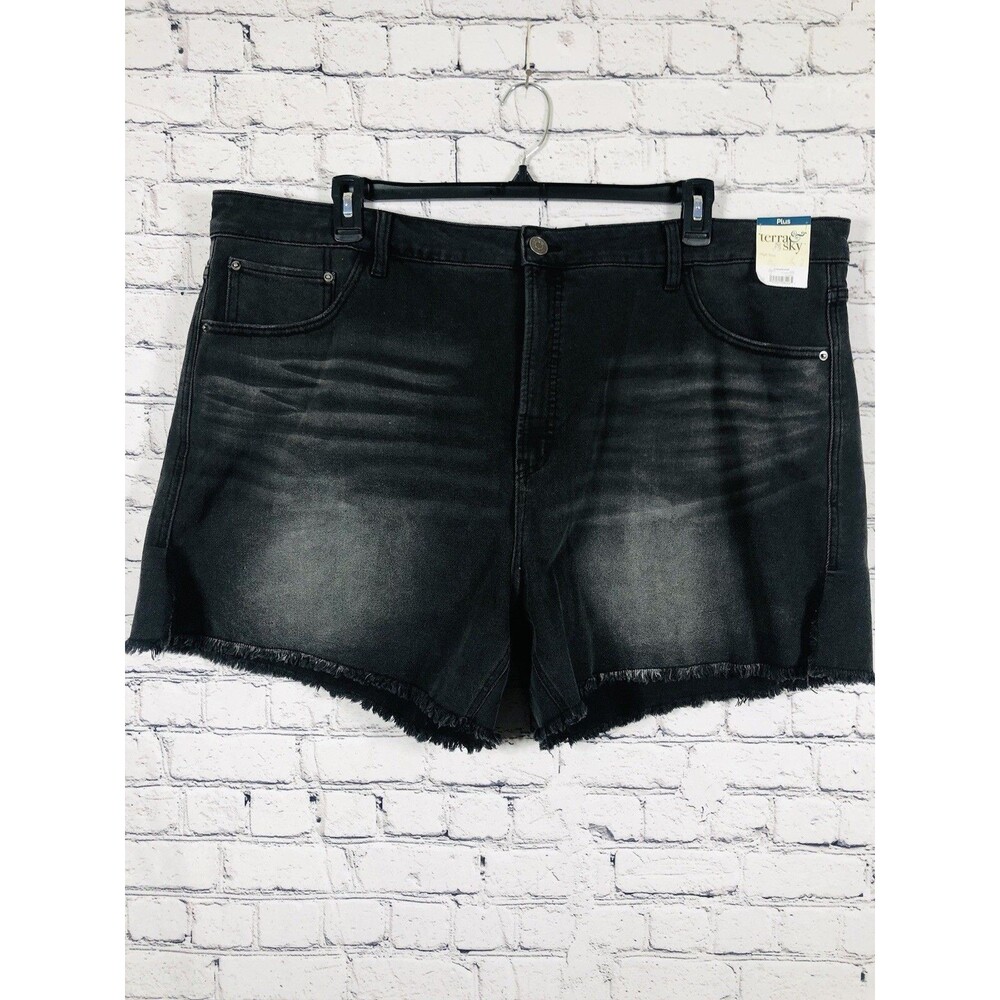 Terra & Sky Women High Rise Denim Shorts Frayed Hem Faded Black 24W‎ NWT